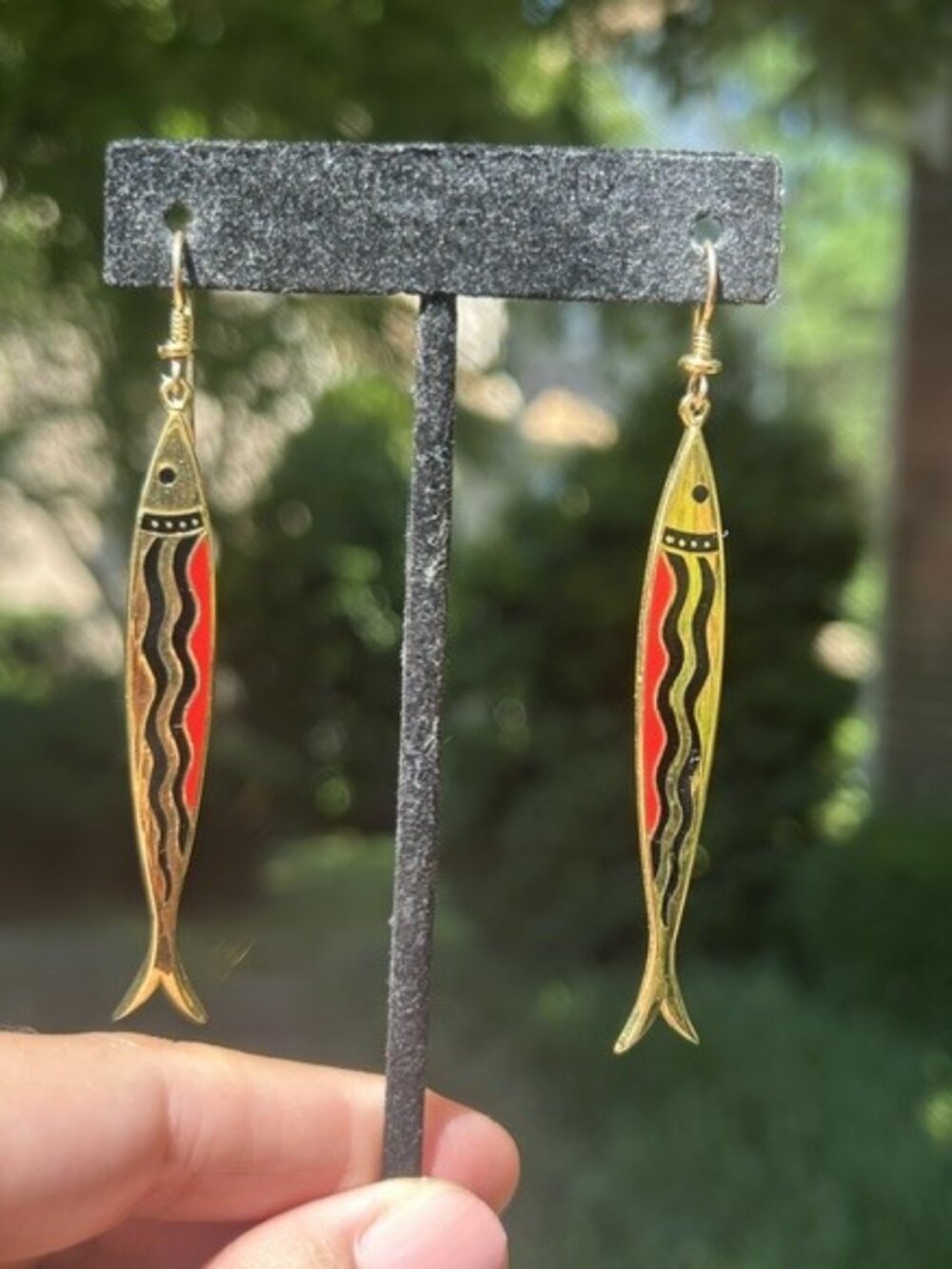 LAUREL BURCH “Nile Fish” Black Red Enamel Cloisonné Gold EARRINGS